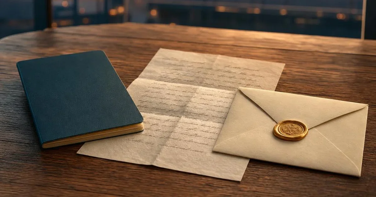 A plain passport, folded handwritten letter and cream envelope with a gold wax seal on a wooden table, with softly blurred airport lights behind them.